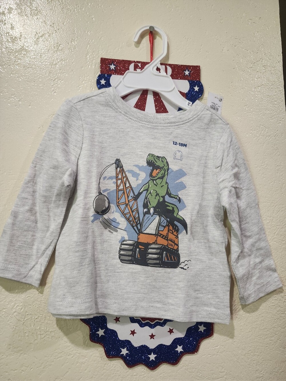 Old Navy Light Gray Long-Sleeve Tee with Green Dino & Orange Crane Graphic